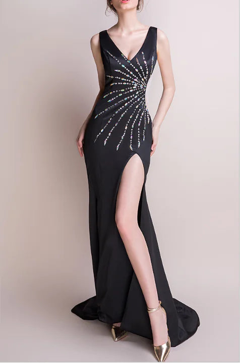 Deep V-Neck Sequin Bodycon Dress showcasing a glamorous design with a high slit and sparkling details.